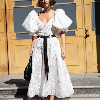 

HAMALIEL Runway Designer Women Holiday Dress 2020 New Summer Chiffon Wave point Lantern Sleeve Midi Dress Sexy V Neck Belt Dress