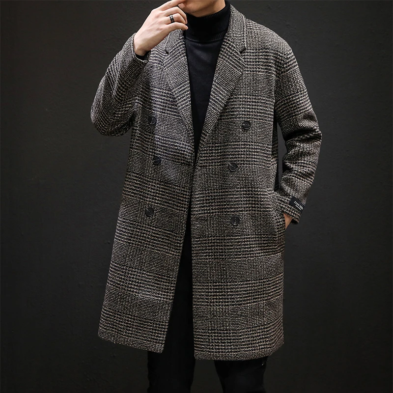 Cheap 2020 Spring Men Long Trench Coat Male Houndstooth Print Windbreaker Turn-down Collar Woollen Overcoat 2#10/10D50