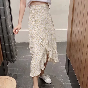 

KUMSVAG 2020 Summer Women Sweet Skirts Floral Print Ruffles Asymmetrical Mid-Calf Skirts Female Street Elegant Fashion Skirt