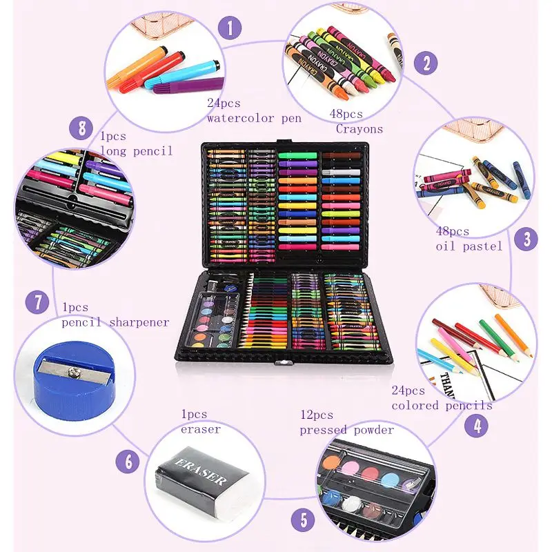 168pcs / Set Drawing Art Kits Children's Set Watercolor Pen Pencil Oil Pastel Crayon Powder Eraser Palette Brush Stationery