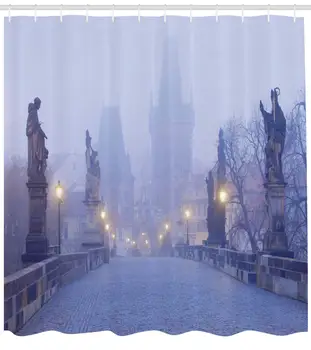 

Urban Shower Curtain, Czech Republic Prague Streets in Foggy Morning on Old Bridge with Statue Cathedral, Fabric Bathroom Decor