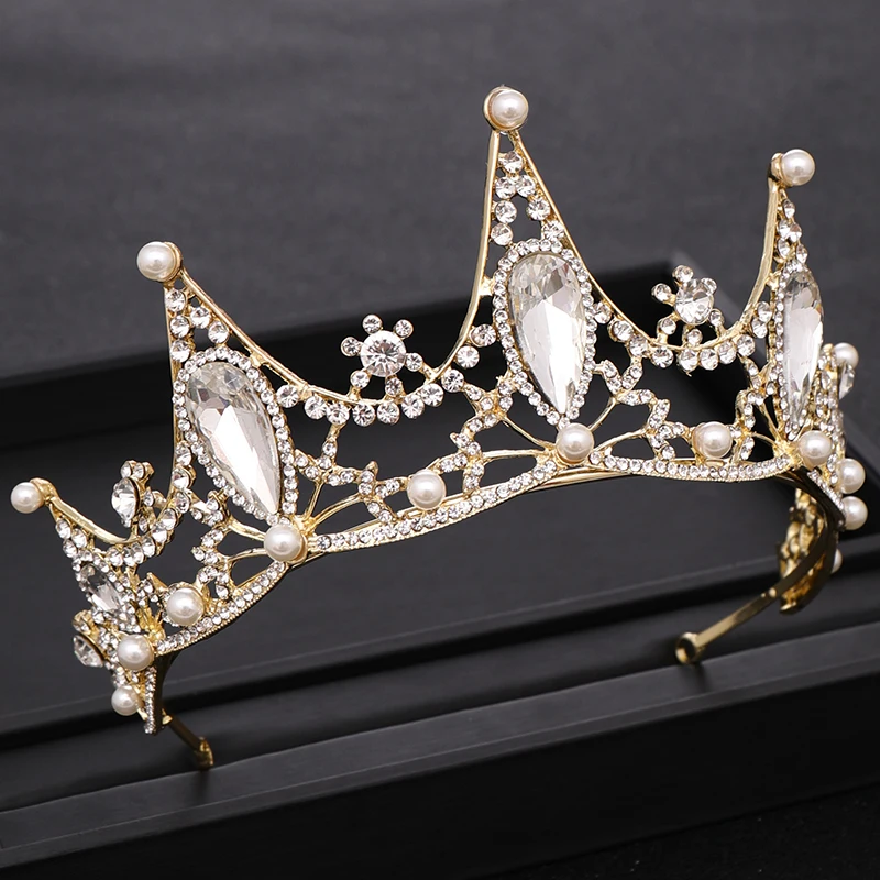 Vintage Rhinestone Baroque Crystal Gold Crown Pearl Wedding tiara Bridal Headpiece Head Jewelry Bridal Hair Accessories HG305