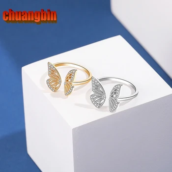 

Genuine S925 sterling silver ladies OL Euro-American design temperament butterfly ring micro-set zircon opening adjustable ring