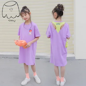 

Girls Cotton Dress 2020 Summer Korean Kids and Teen Girls Casual Loose Back Hollow Dresses Baby Girls Cute Cartoon Dress, #8717