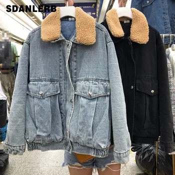 

Winter Lamb Fur Parka Womens New Korean Detachable Fur Collar Old Jeans Splicing Jacket Denim Jacket Girls Student Parkas