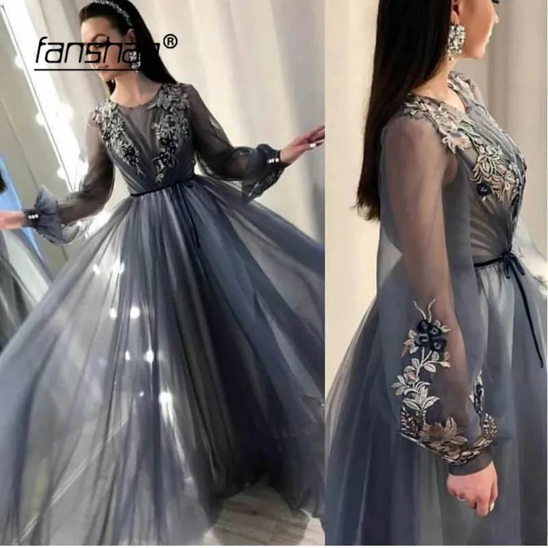 

Gray Muslim Evening Dresses O-Neck Appliques Long Sleeves Illusion Dubai Saudi Arabic Evening Gown Prom Dress