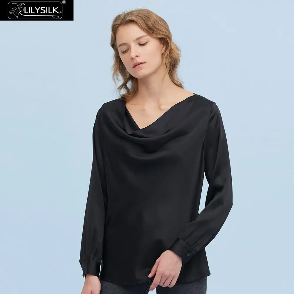 Black LilySilk шелковая блузка с воротником-хомутом жидкая Женская Новая - Цвет: Black