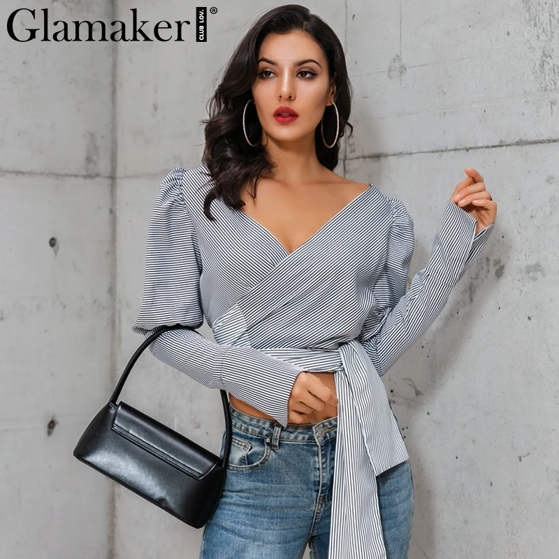 

Glamaker Sexy long puff sleeve black blouse shirt Women striped belt blouse crop top Autumn female v neck elegant blusas top