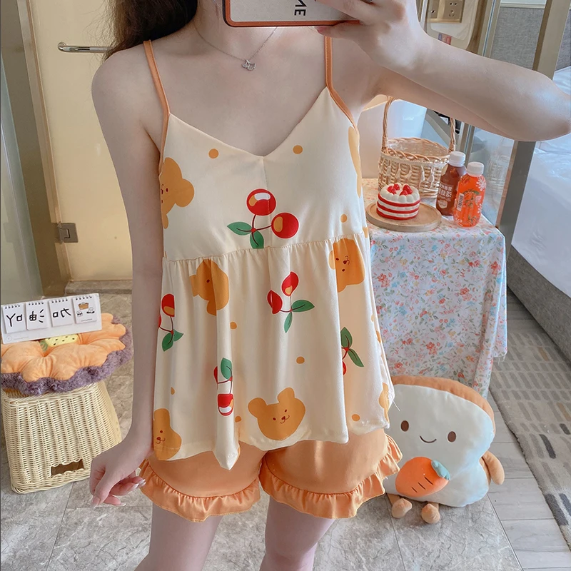 

New Women Pajamas Sets Korean Style Sexy Home Sleepwear Shortless Sleeve Print Pyjamas with Chest Pad Girl Short Pajamas Pant