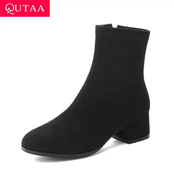 

QUTAA 2020 Flock Fashion Square Middle Heel Autumn Winter Women Shoes Casual Round Toe Warm Fur Zipper Ankle Boots Size 34-43