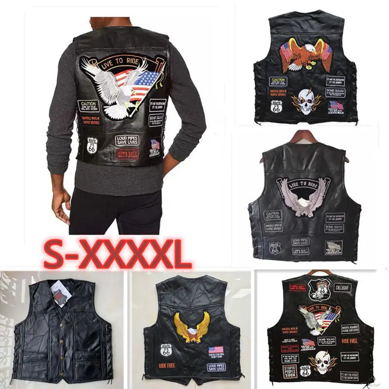 Motorcycle Leather Vest Men Motorcycle Casual Jacket Waistcoat with Punk Retro Classical Badges Motocross Equipment