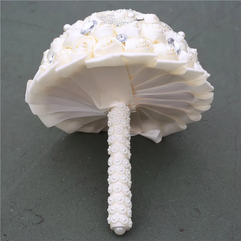 WifeLai-A Wedding Flower Ivory Satin Rose Bridal Bouquets Artificial Flower Wedding Bouquet Bridesmaid Bouquet With Crystal W258