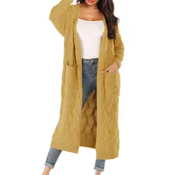 2019 женский осенний и зимний элегантный модный дизайн большого размера Свободный сплошной цвет карман вязаный толстый свитер кардиган
