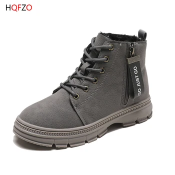 

HOFZO Women Ankle Boots Winter Botines Flat Zip Ladies Shoes 2020 Round Toe Plush Platform Cross-tied Botas Feminina