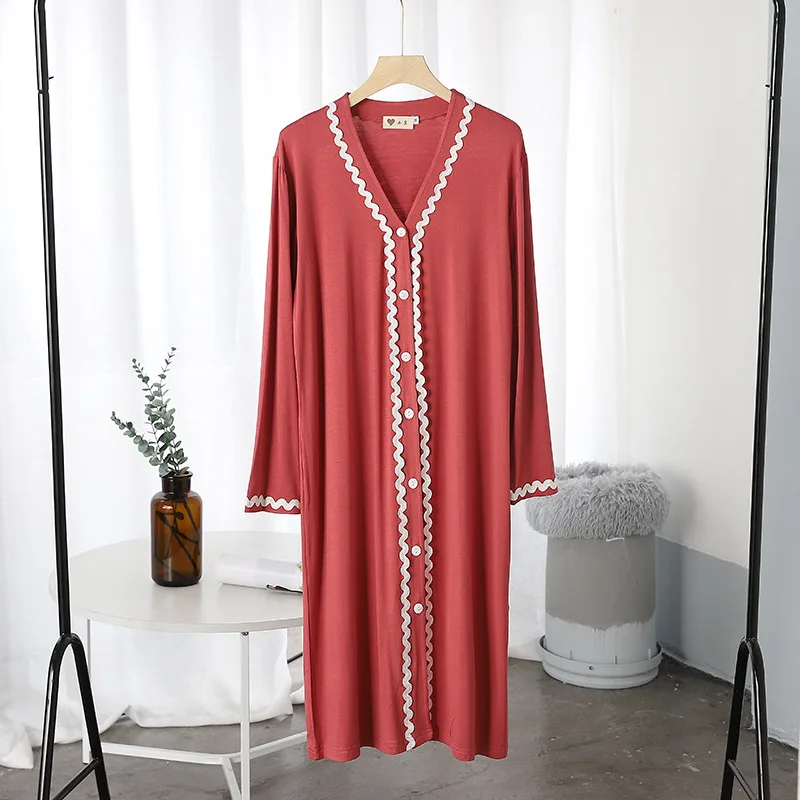 Langarm V-ausschnitt Modale Baumwolle Nachtwäsche Süße Spitze Nacht Kleid Casual Lose Nachthemden Für Frauen Frühling Herbst Hause Kleidung – Detail 11