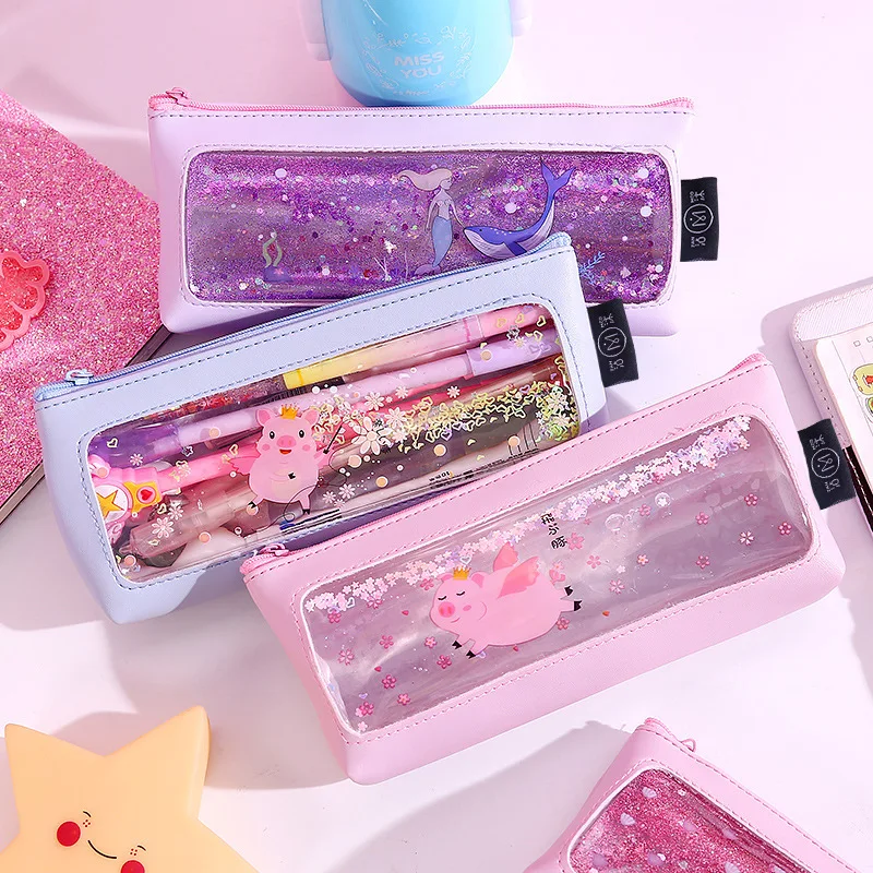 

Pink Transparent Cartoon waterproof PU student pencil case school quicksand pencil cases for girl stationery canvas pencil bag