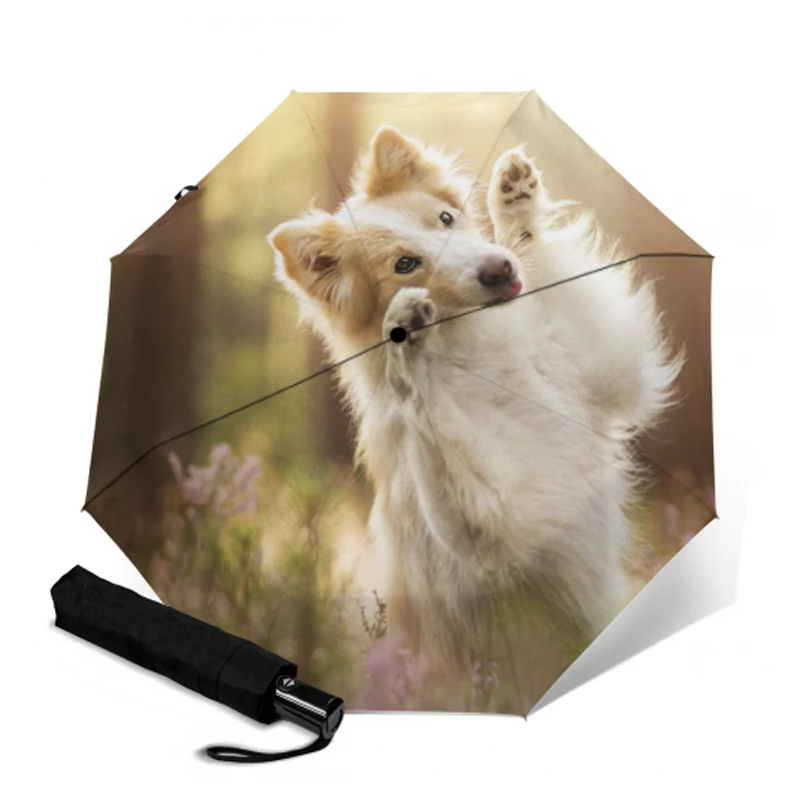 Cute Dog Umbrella Automatic Lovely Puppy Printed Travel Three Folding Umbrellas Female Windproof