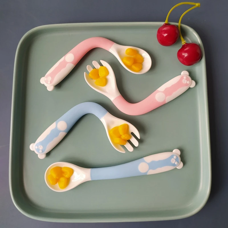 

Children Training Fork+Spoon Set Silicone Twisted Tableware Set For Baby Infant Supplementary Food Feeding Bendable Dinnerware