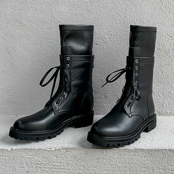 

Luxury brand new winter shoes women's mid-calf boots genuine leather metal rivets Motorcycle boots zapatos de mujer