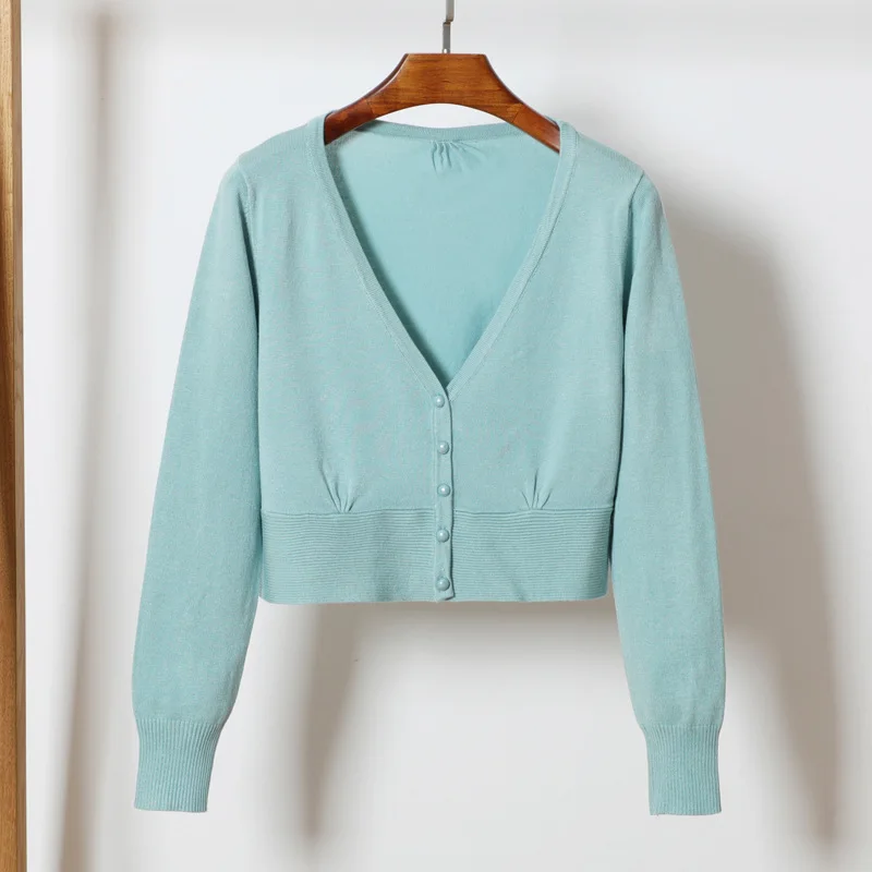 

2020 Autumn Short Women V neck Long Sleeve Knitted Cardigan Lady's Casual Sweater Coat