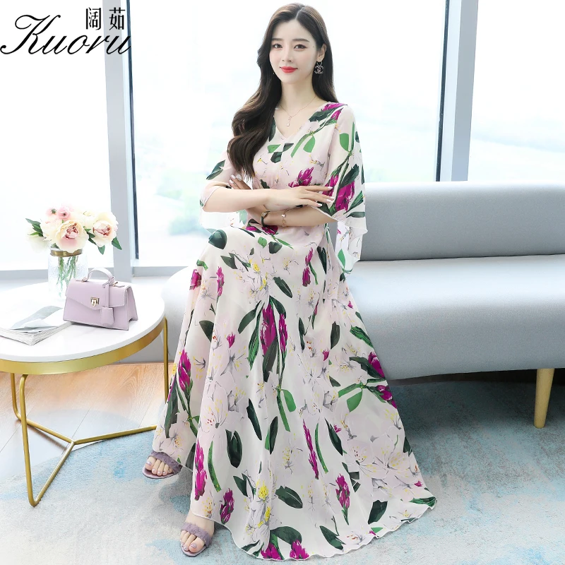 Plus Size Dresses Maxi Sukienka Floral Chiffon Dress Women Summer Robe Longue Femme Boho Vestito Floreale Pink Green Vestidos | Женская