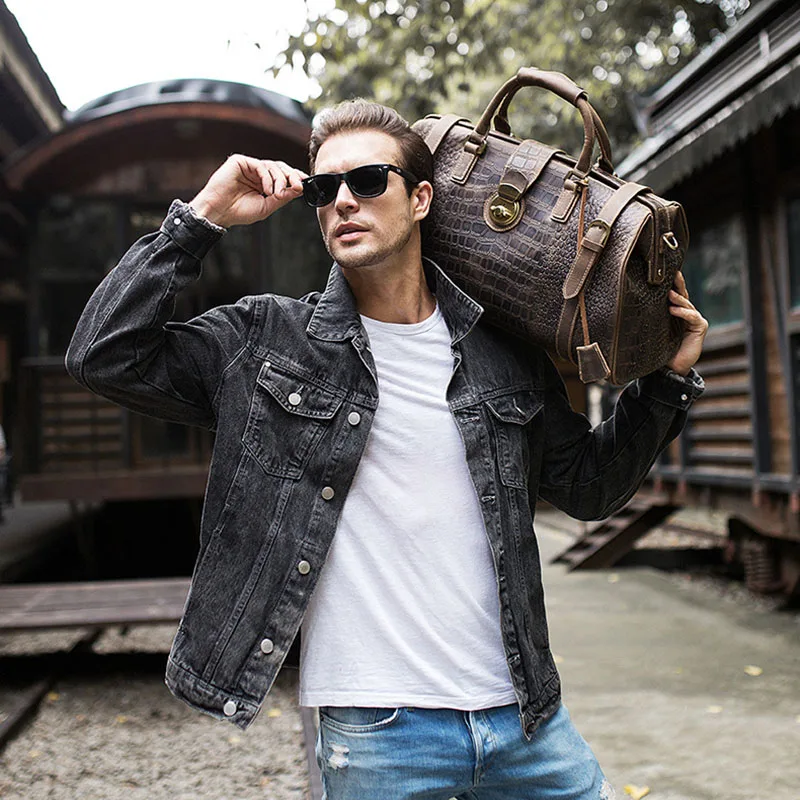 Male Crocodile Leather Travel Bag Men Handbag With Shoulder Strap Travelling Bag Luxury Design Alligator Trolley