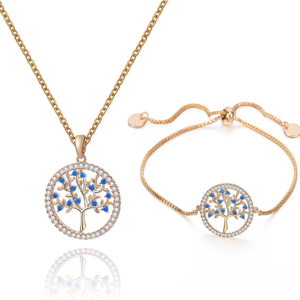 Small Round Tree of Life Fashion Jewelry Sets for Women Blue CZ Choker Necklace Adjustable Bracelet Engagement Gift 2019 | Украшения и