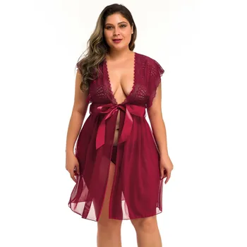

Sexy Women Plus Size Contrast Lace Nightdress Bow Deep V-Neck Backless Sleeveless Lingerie With Thong Ladies Nightwear XL-4XL