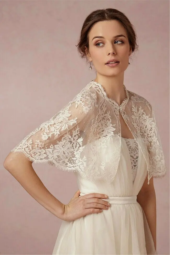 Lace Simple Wedding Lace Boleros Jackets Topper With Button Close Bridal Wrap