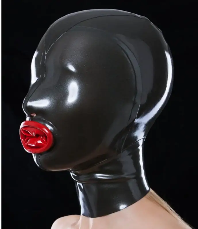Open Face Latex Hoods with Inflatable Mouth Plug Forced Open Mouth Rubber Mask 