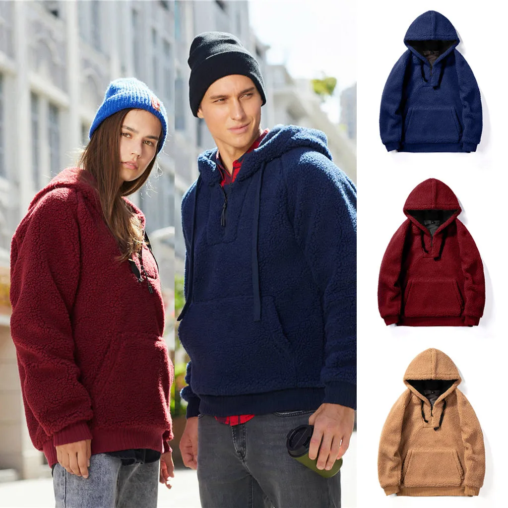 

Men's Lamb Plush Pocket Hoodies 2019 Autumn And Winter Round Neck Pure Color Zipper Hooded Sweatershirt Male Pullover
