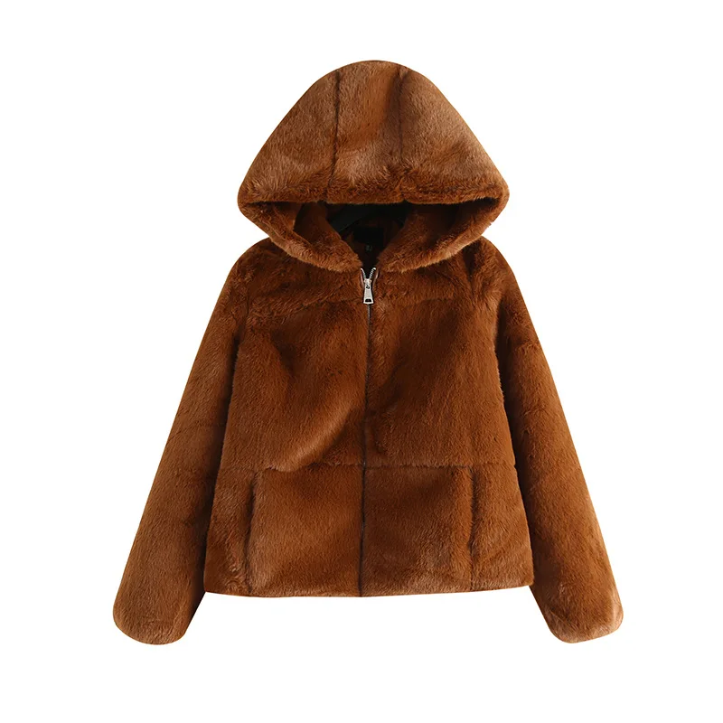 

41ah WOMEN'S Dress Hooded Loose-Fit Versatile Caramel Pocket Plush Velvet Zipper Cropped Jacket Tops