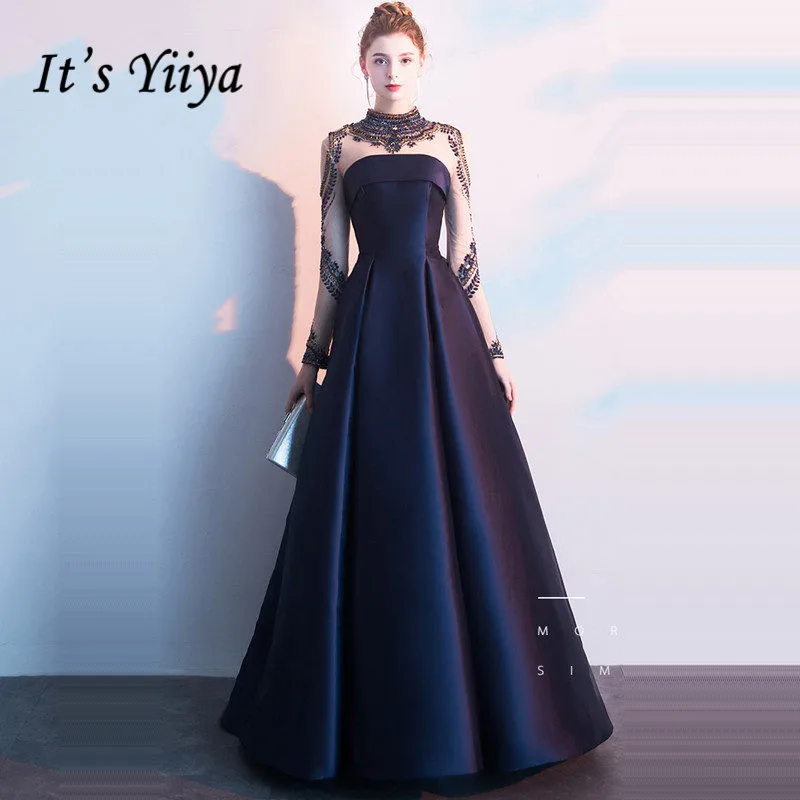It's Yiya вечернее платье с круглым вырезом и бисером, винтажное платье для выпускного вечера с длинными рукавами, роскошное вечернее платье De Mariee V059 - Цвет: Тёмно-синий