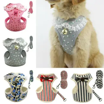

Fashion Floral Lace Breathable Mesh Small Dog Pet Harness and Leash Set Puppy Vest For Dog Cat with Bell