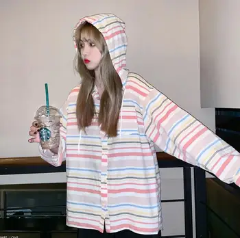

Autumn color striped hooded thin sweatshirt women