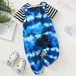 Ensemble de vêtements pour bébés garçons, barboteuse rayée à manches courtes, pantalon à bretelles, tenue pour nouveau né garçon, 2 pièces 