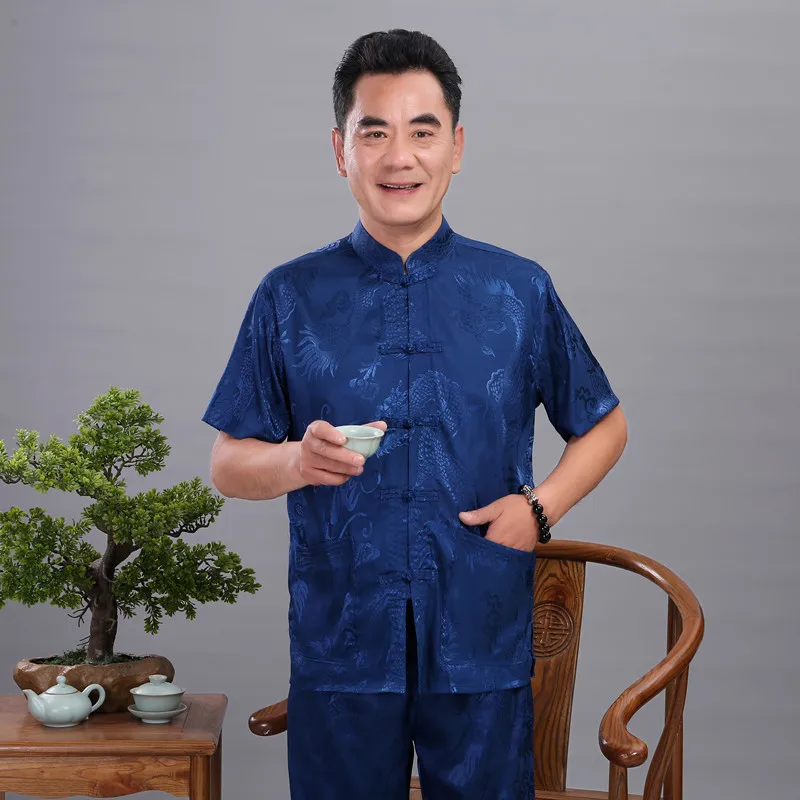 Черный Дракон Новый китайский стиль мужской костюм Тан наборы с коротким рукавом длинные штаны костюм кунг-фу атласный шелк Wu Shu Tai Chi наборы