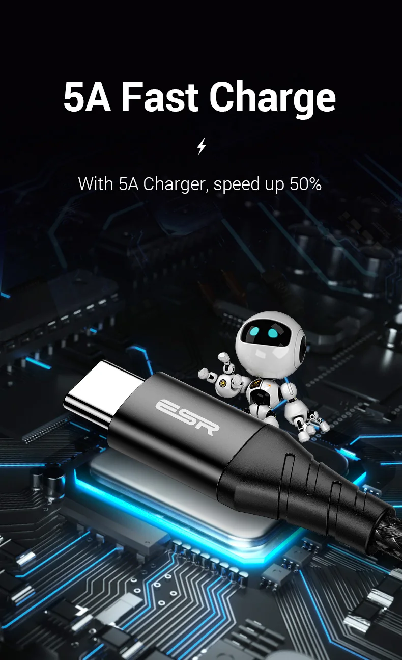 ESR 5A usb type-C кабель 1 м 2 м Быстрая зарядка type-C кабель для huawei P30 P20 mate 20 Pro Phone Supercharge QC3.0 USBC Кабо черный