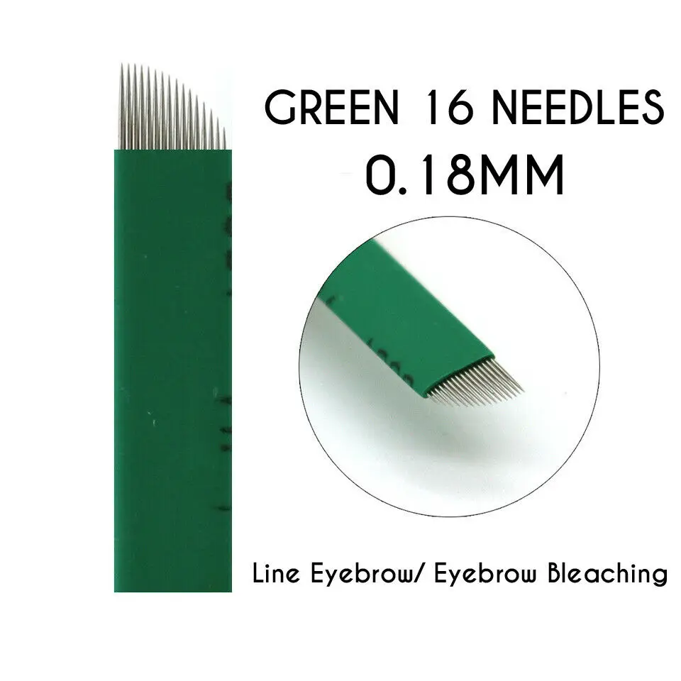 10pcs Bevel Green 16 Pins Microblading Needles Manual Line Eyebrow Tattoo Permanent Makeup Shading Microblades |