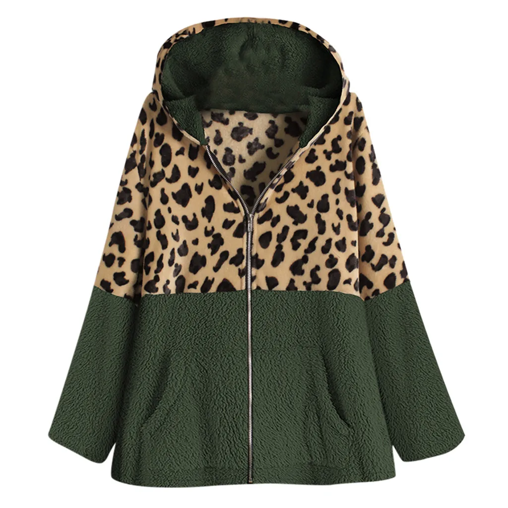 Female Jacket Plush Coat Women's Windbreaker Winter Warm Outwear Leopard Print Hooded Pockets Vintage Oversize Coats Plus Size