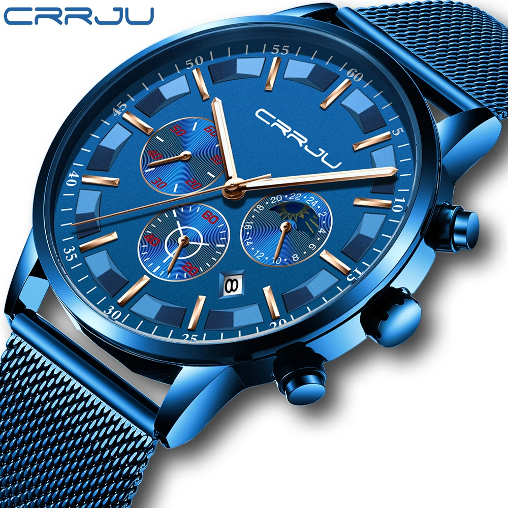 Mens Quartz Watches CRRJU Luxury Full Steel Men's Wristwatches Date Clock Military Waterproof Chron