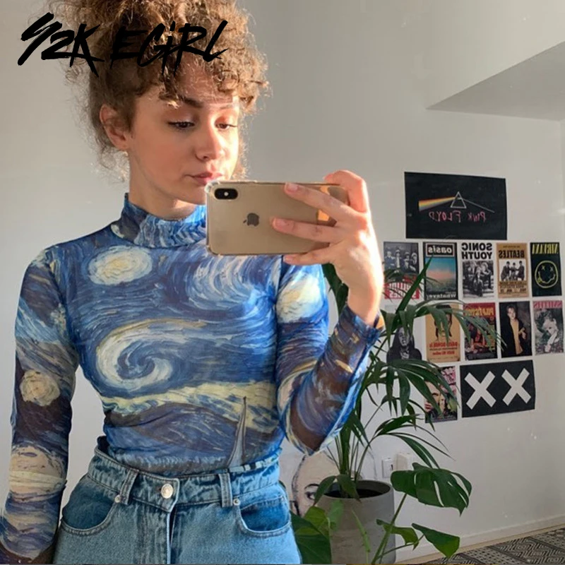

Y2K EGIRL Printing Stand Collar Long Sleeve Mesh Tops Vintage 90s Streetwear Autumn Punk Style SkinnyTransparent Blue Top Club