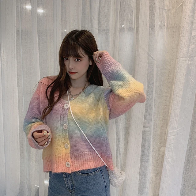 Rainbow Rajutan Cardigan Wanita Musim Dingin Manis Sweater Pendek Cardigan Wanita High Street Streetwear Korea Sweater Mantel Wanita 2021