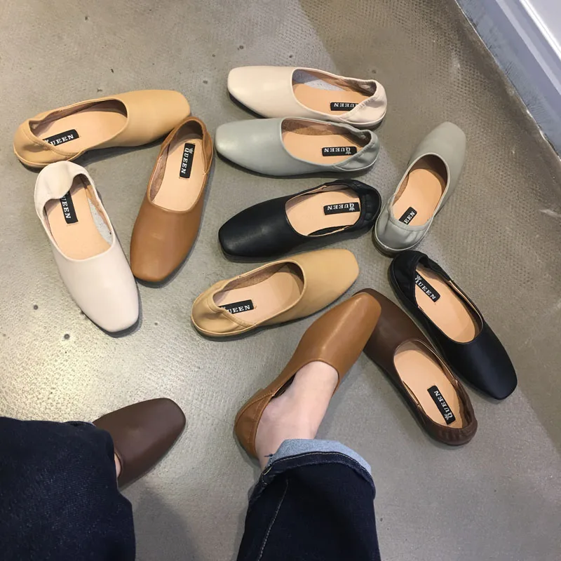 Women Ladies soft leather ballet flats foldable roll-up shoes brief square toe grandma shoes woman street 2-ways retro moccasins