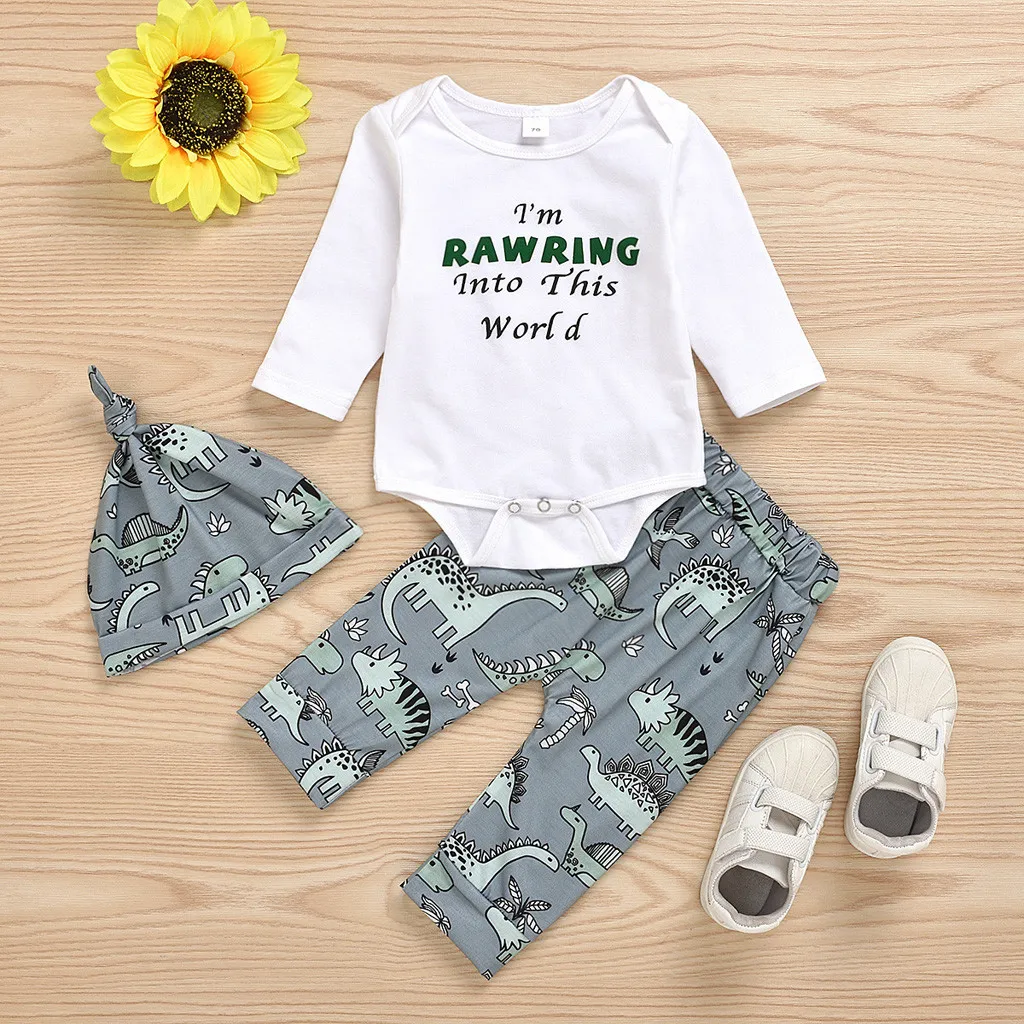  Children's clothing new fashion kids baby boys letter romper cartoon dinosaur pants hat outfits set