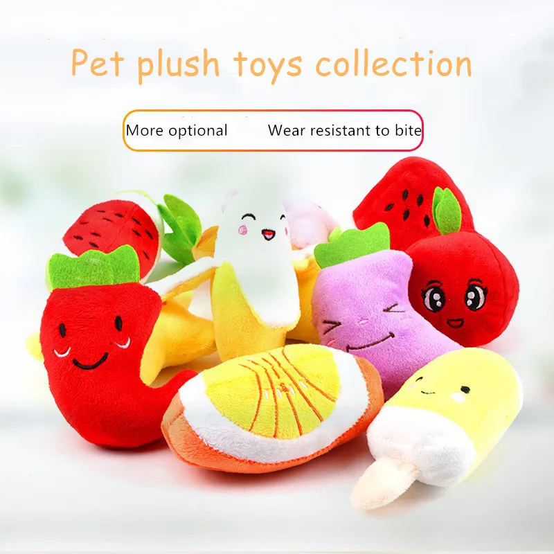 

1pc Sounding Puppy Dog Chew Toy Fruit Vegetable Chicken Drum Bone Squeak Toy for Cat Pets Plush Red Pepper Eggplant Radish