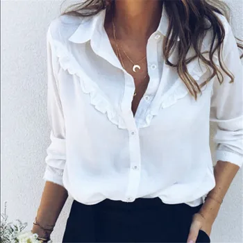 

Women HOT White Floral Ruffles Blouse Office Lady Career 2020 Long Sleeve Shirt and Blouses turn down Neck Slim Classy Shirts