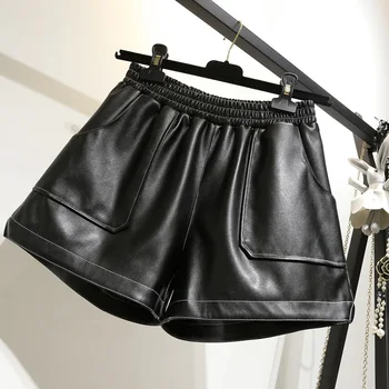 

PU Leather Wide-legged Shorts Women plus size Autumn Winter High Waist PU Shorts Girls black Faux Leather Shorts Bottoms 4XL