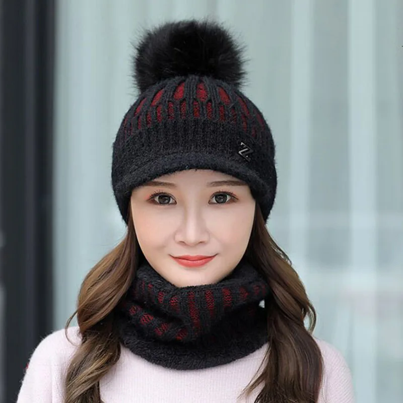 New Brand Winter Hats Women Thick Knit Warm Beanies Hat Bib Female