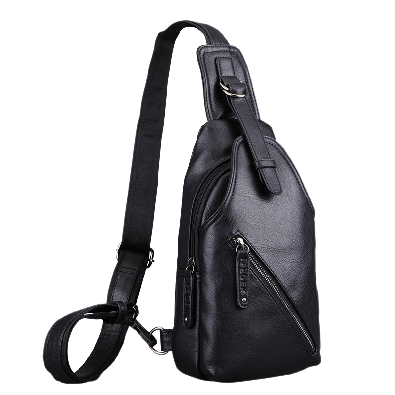 

JHD-FEGER Men Chest Bag Male Messenger Bags Zipper Crossbody Bag Fashion Shoulder Bag PU Black Earphone Hole Waterproof
